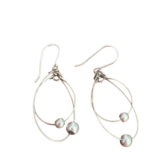 Vintage Sterling Silver Double Hoop Earrings Teardrop Ball Beads Hook Estate 1.7 - Picture 3 of 5